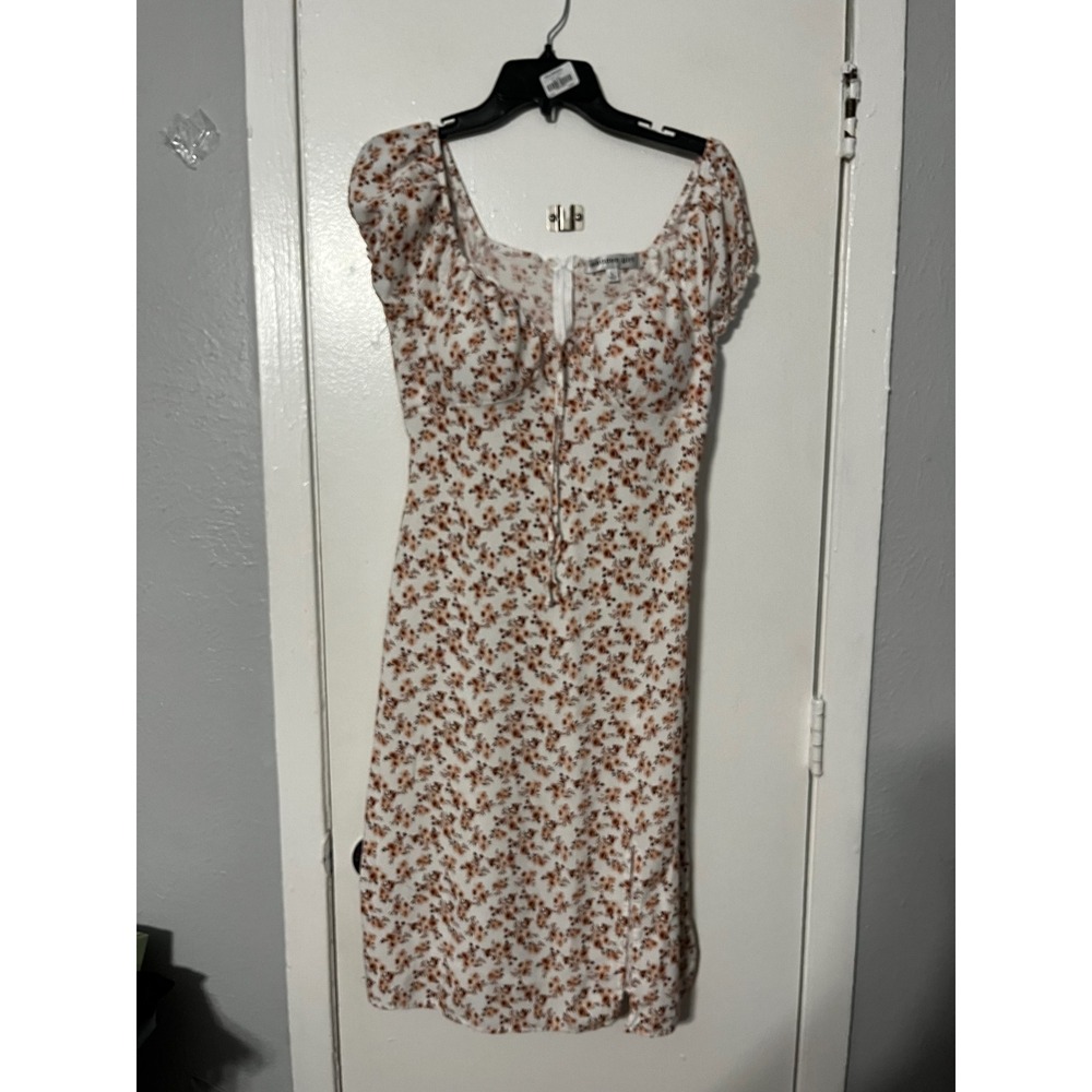 Madden Girl Floral Sweetheart Midi Dress White Rust Short Puff Sleeve Size L‎